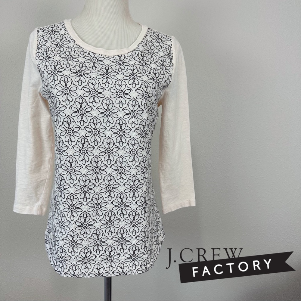 J.Crew Factory Womens Cream Black Floral‎ Eyelet Embroidered Cotton Top A6835 M